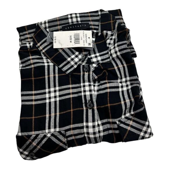 New Sanctuary Men Black Plaid Shirt Casual Classic Long Sleeve Button Down US M - Picture 4 of 13